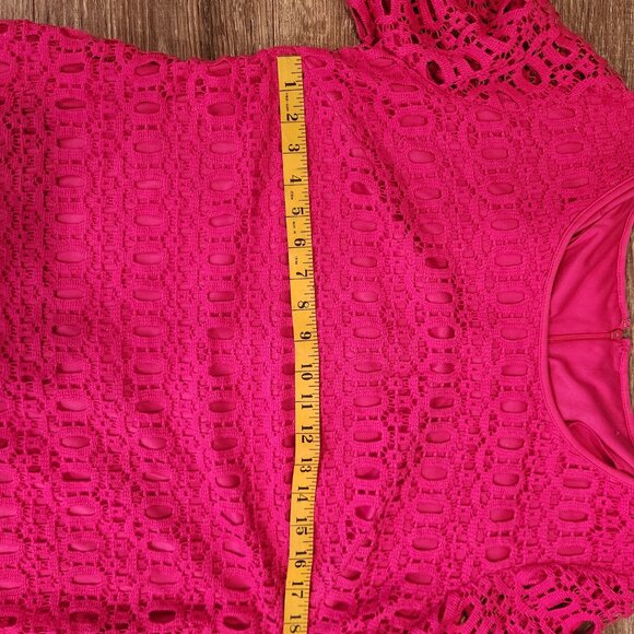 Hot Pink Crochet Lace Bell Sleeve Mini Dress - Picture 8 of 10